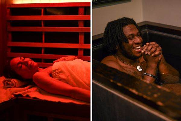 Contrast therapy session at bioworX alternating between infrared sauna heat and cold plunge immersion for circulation, detoxification and stress resilience.